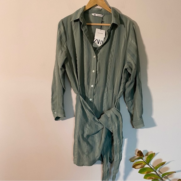ZARA the Zoe Dress in moss green long sleeves vacay faux wrap dress size M NEW - Picture 2 of 7